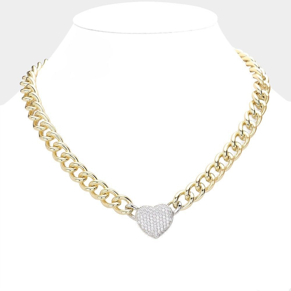 CZ Cubic Zirconia Stone Paved Heart Pendant Gold Chain Toggle Necklace for Women